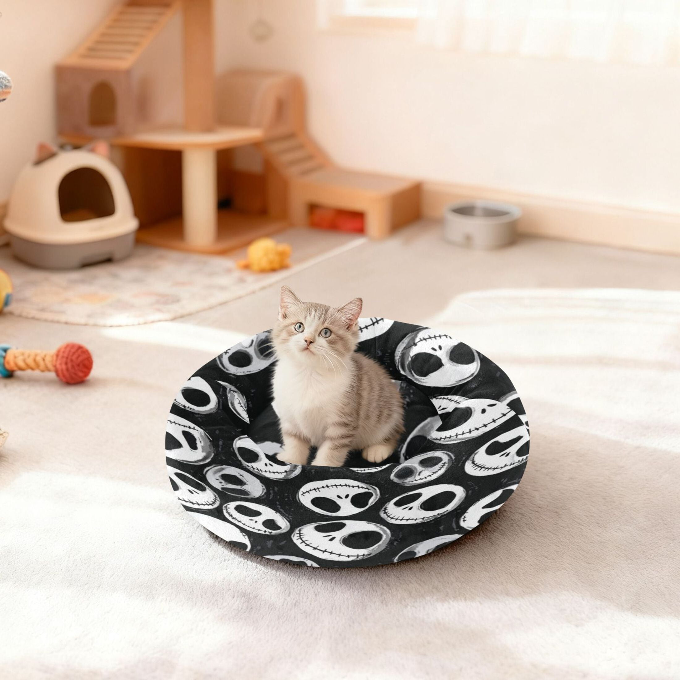 Iauyy Pet Couch Donut Cat Bed for Indoor Cats/Small Dogs Washable & Machine with Non-slip Bottom Calming Cat Furniture, Big Eyes (M)