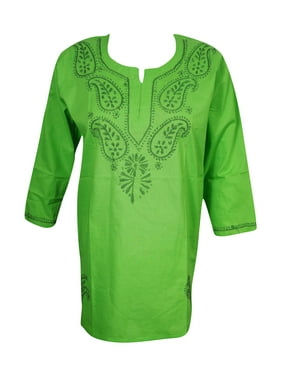 Mogul Womens Green Cotton Tunic Blouse Paisley Embroidery Festive Dress XS