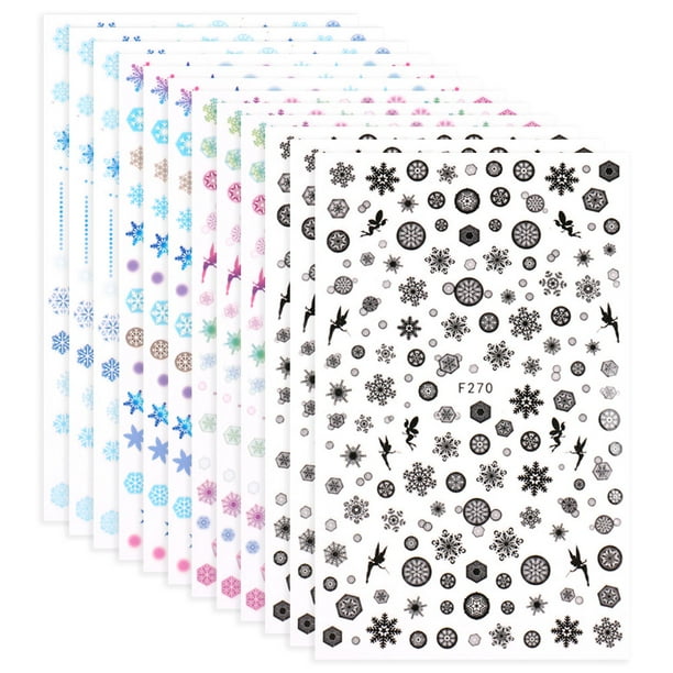 Calcomanías adhesivas para uñas, calcomanías 3D para decoración de uñas con copos de nieve navideños, 12 hojas, 12,2x7,5 cm