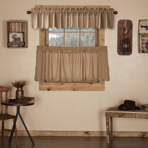 VHC Brands Millsboro 3 PC Khaki Curtain Set (1 Valance 16x72 and 2 Tier 24x36)