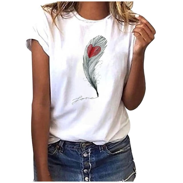 LSLJS T-Shirts pour Femmes Mode Femmes T-Shirt à Manches Courtes Imprimé Plume Haut Décontracté Tee Blouse
