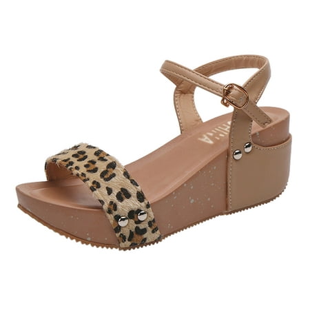 

ILJNDTGBE Womens Platform Sandals Wedge Ankle Strap Open Toe Sandals Ladies Fashion Summer Leopard Pprint Suede Open Toe