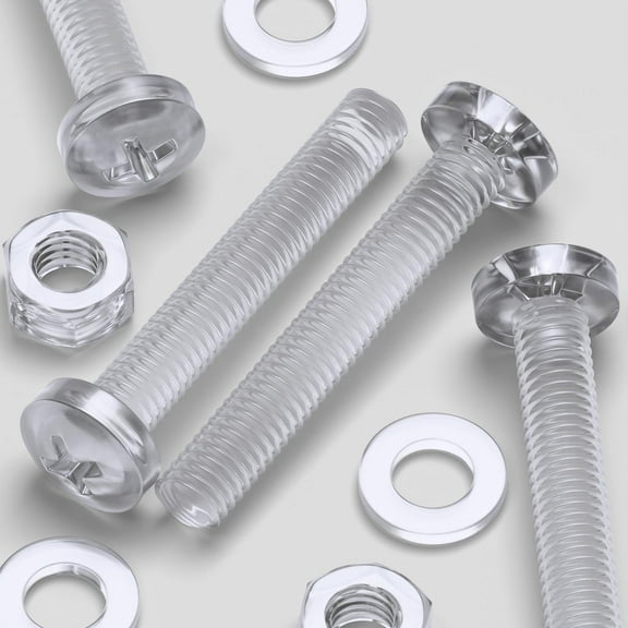 Pack of 60 Transparent Clear Plastic, Pan Head, M6 x 40mm Nuts & Bolts, Washers -Acrylic Plastic Screws, (15/64 x 1 37/64 in)