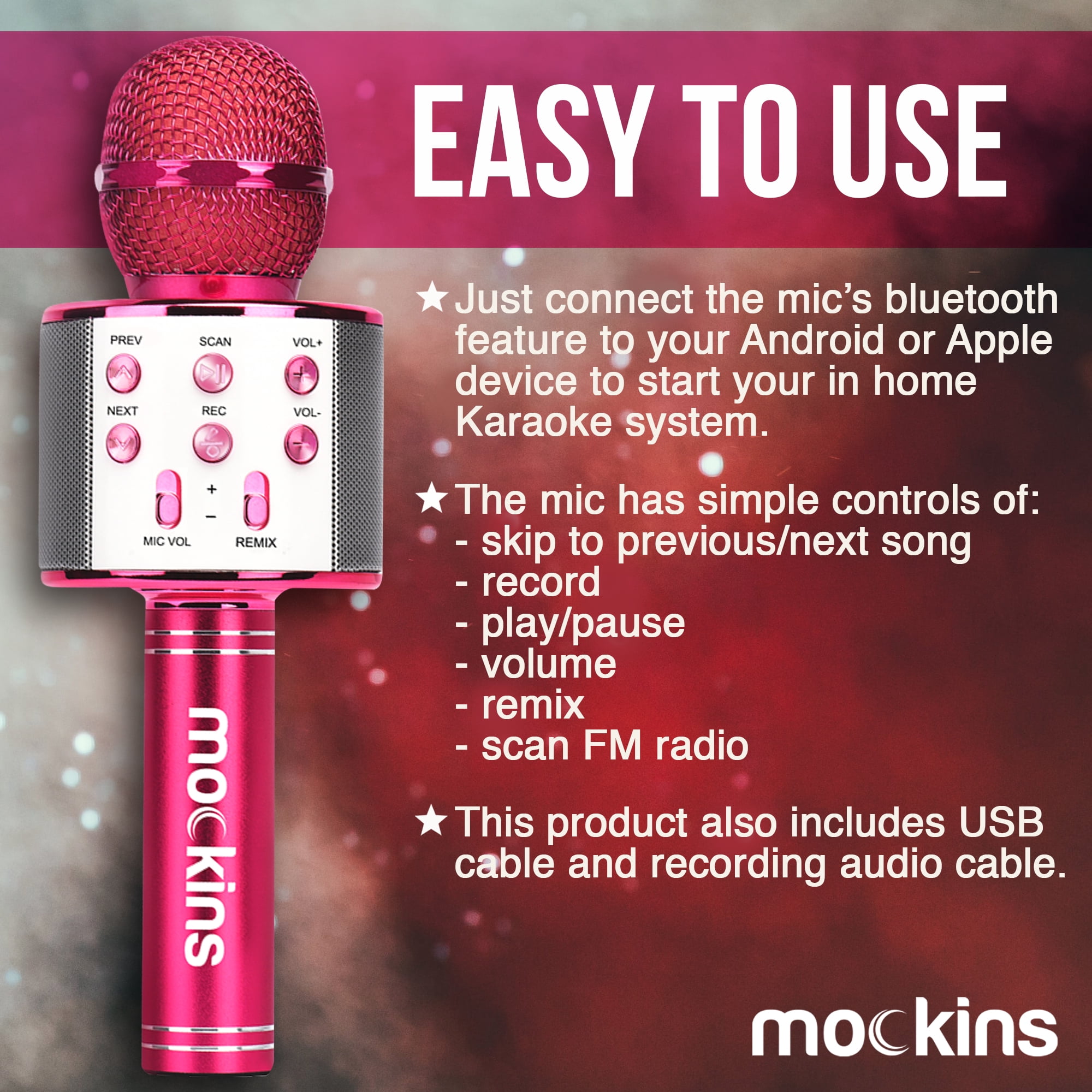 Nevlers Pink Karaoke Microphone with Colorful LED Lights, Voice Changer and Wireless Bluetooth Speaker for Singing
