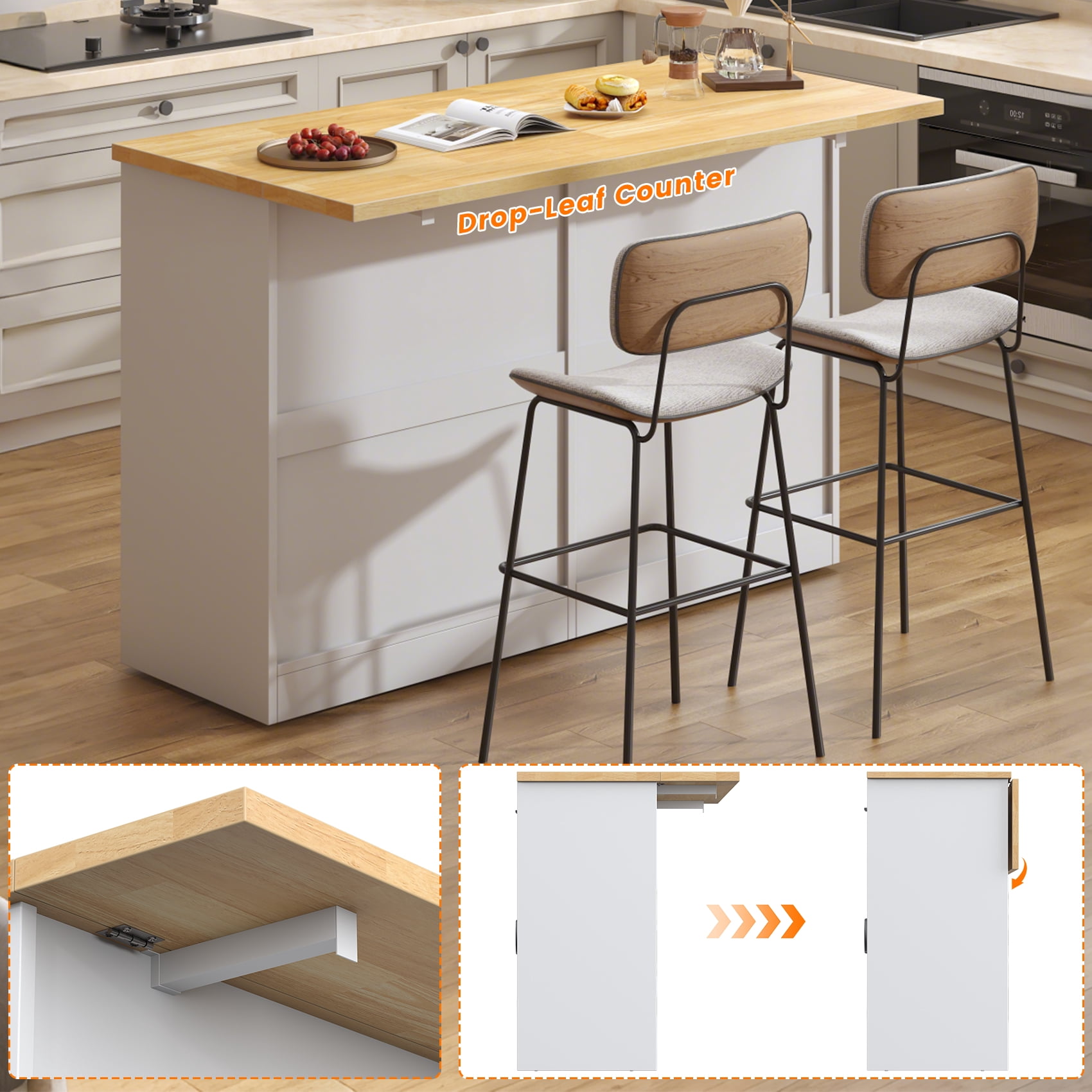 HAUXITIO Kitchen Island with Drop Leaf,Power Outlet & LED Lights,Stationary with Hidden Casters Islands Table for Kitchen,Dining Room,White