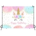 thumbnail image 4 of Fondo de unicornio arcoíris para fiesta de cumpleaños de niñas, con acuarela, flores, purpurina, estrellas y puntos., 4 of 4
