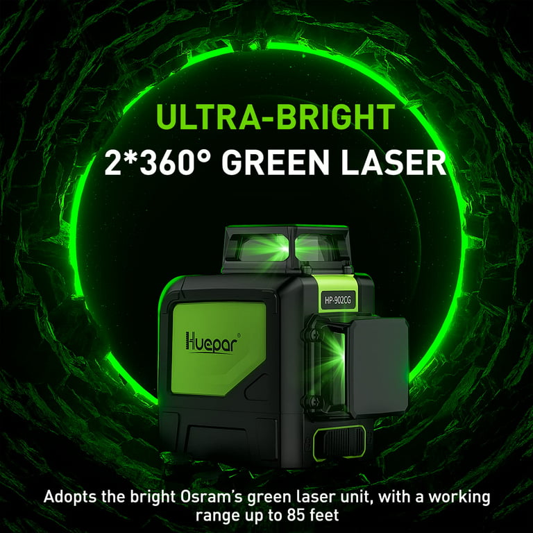 Huepar 2 x 360° Cross Line Laser Level Green Beam Self-Leveling Laser  Leveler Tools with Pulse Mode & Magnetic Pivoting Base 902CG
