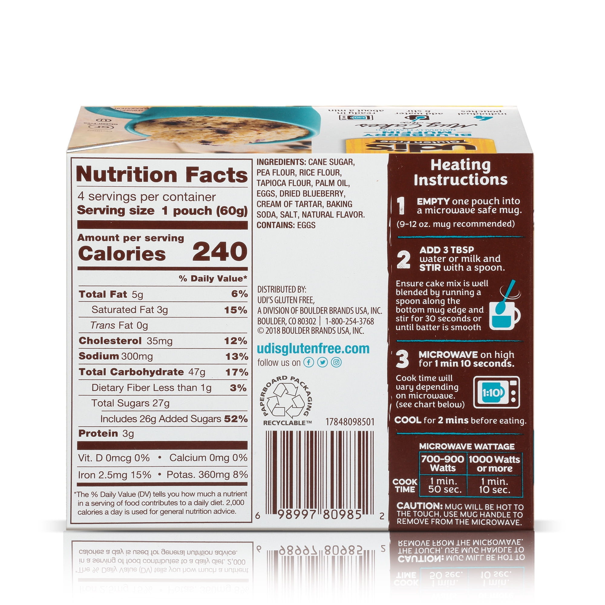 Udi's Gluten Free Blueberry Muffin Mug Cake Mix, 8.4 oz, 4 Count