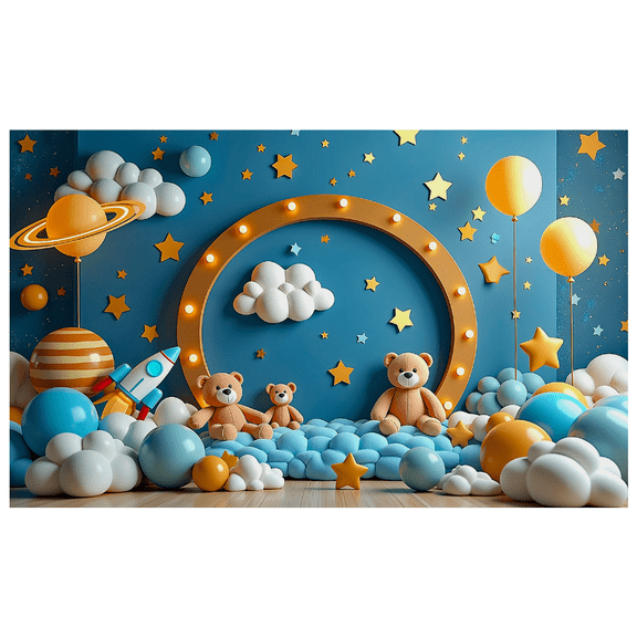 Blue Themed Background with Clouds Stars and Teddy Bears Banner Party Decorations Birthday Party Photography Props Baby Shower Backdrop Decors