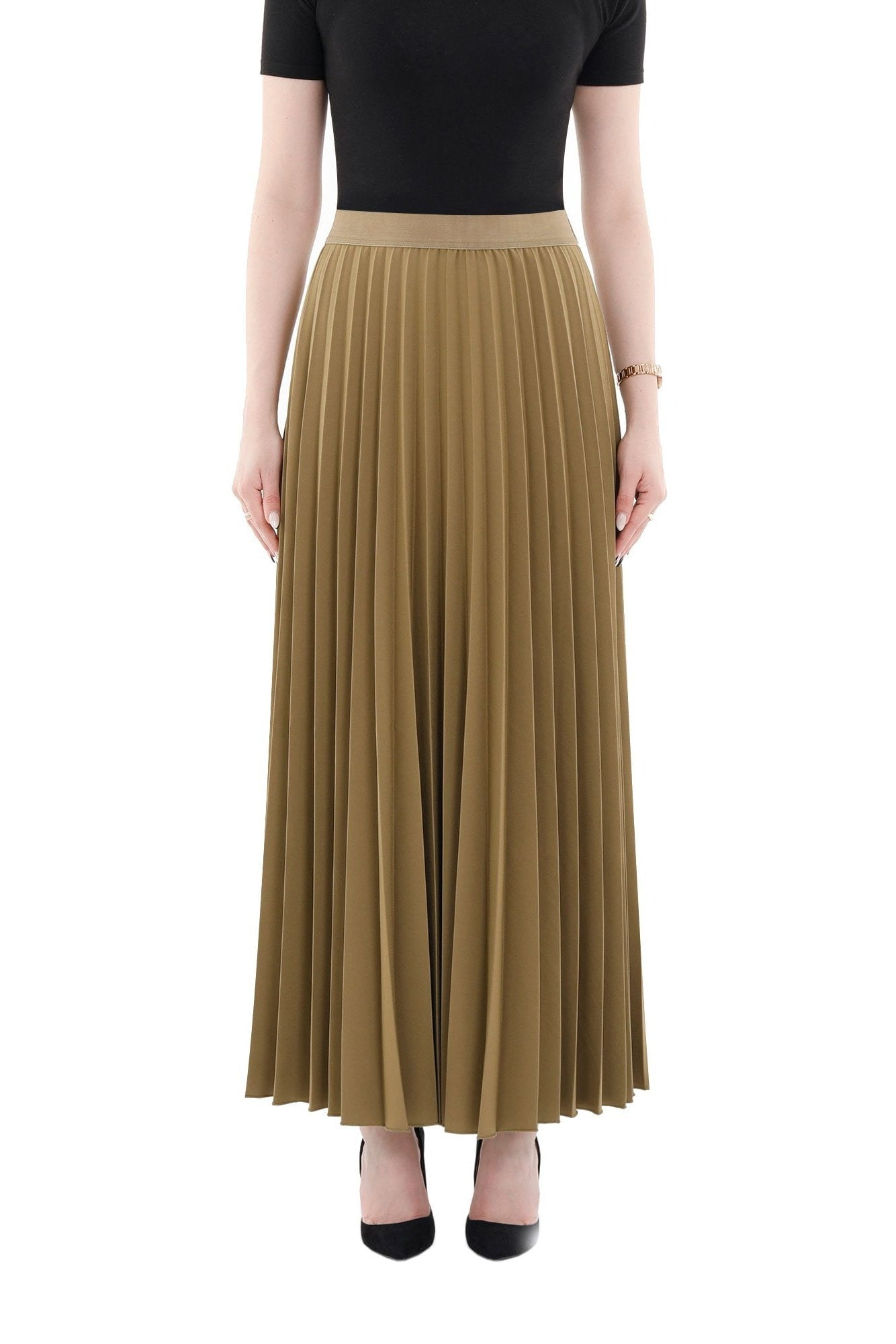 Khaki Pleated Maxi Skirt Elastic Waist Band Ankle Length Skirt