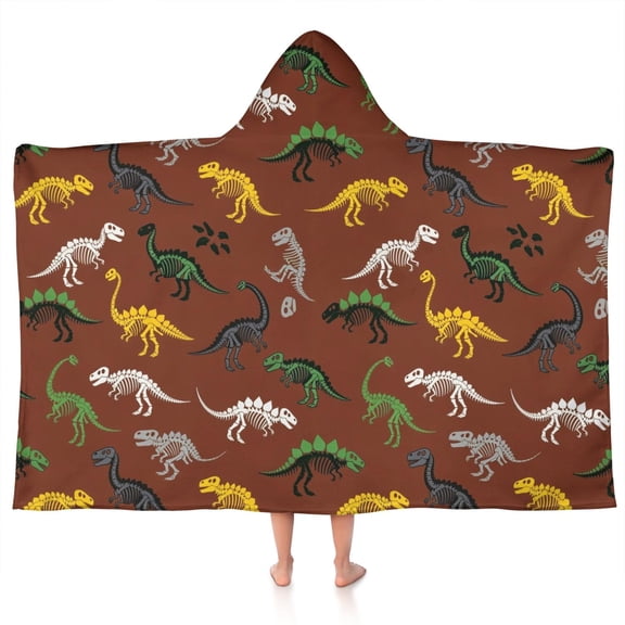 Brown Cartoon Dinosaurs Fossils Pattern Hooded Bath Towel,50"x30" for Ages 3 To 12 Kids, Quick Dry Lightweight Soft Microfiber Hood Beach Towel Cover Up for Kids