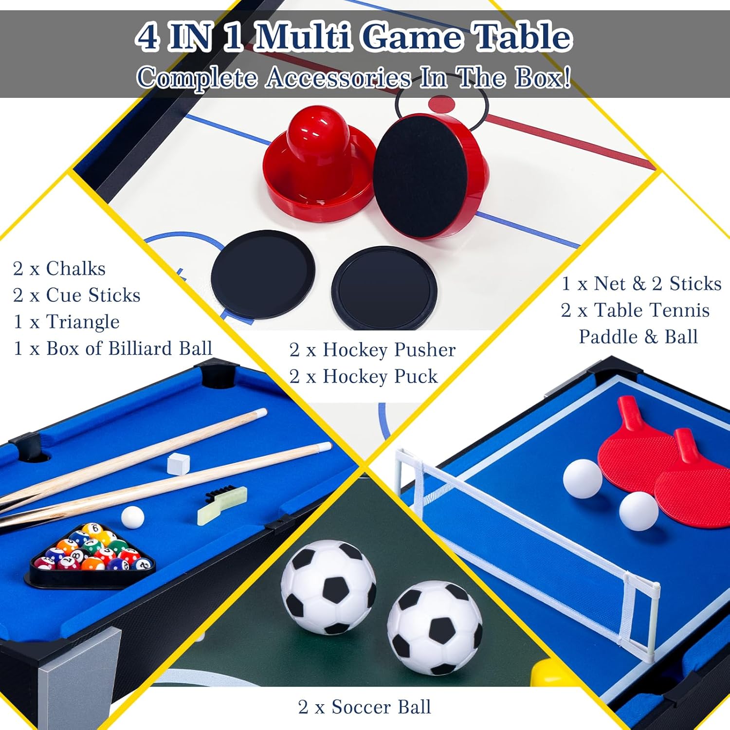 4-in-1 Mini Multi Game Table, Combination Game Table, Childrens Combo Arcade Set w/Pool Billiards, Hockey, Foosball and Table Tennis for Home, Play Room,Friends & Family