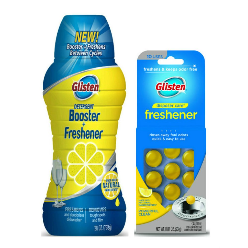 Glisten Dishwasher Detergent Booster + Freshener, 28 oz, and Garbage