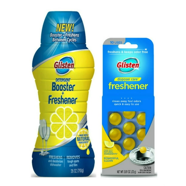 Glisten Dishwasher Detergent Booster + Freshener, 28 oz, and Garbage