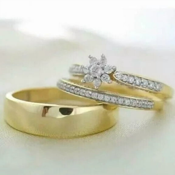 beryl_creation 3.30 Ctw Round Cut White Diamond Wedding Anniversary His & Her Wedding Ring Trio Set Band Ring 14K Yellow Gold Plated 925 Sterling Silver 925 Sterling Silver -5