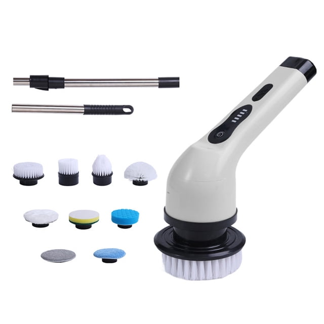 Brosse Électrique Sans Fil de 25 W avec 9 Brosses Remplaçables - Rotation Réglable à 2 Vitesses (300-400 Tr/min), Batterie au Lithium Rechargeable de 2000 mAh, Manche Télescopique pour la Maison, la Cuisine, la Salle de Bain, le Verre
