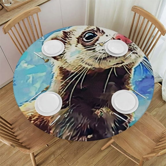 HAOXIT Fitted Round Tablecloth ,Brown Stoat Polecat Colorful Animal Blue Table Cover,Elastic Edged Table Cloth Fits Round Tables 31-35