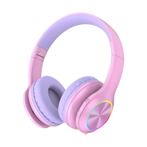2024 Bluetooth Kids Headphones Fit for Aged 3-21, Colorful LED Lights Comfort Wireless Headphones with Microphone 94dB Volume Limited for School/iPad/PC/TV/Cellphones, Wired & TF Card Mode, Pink
