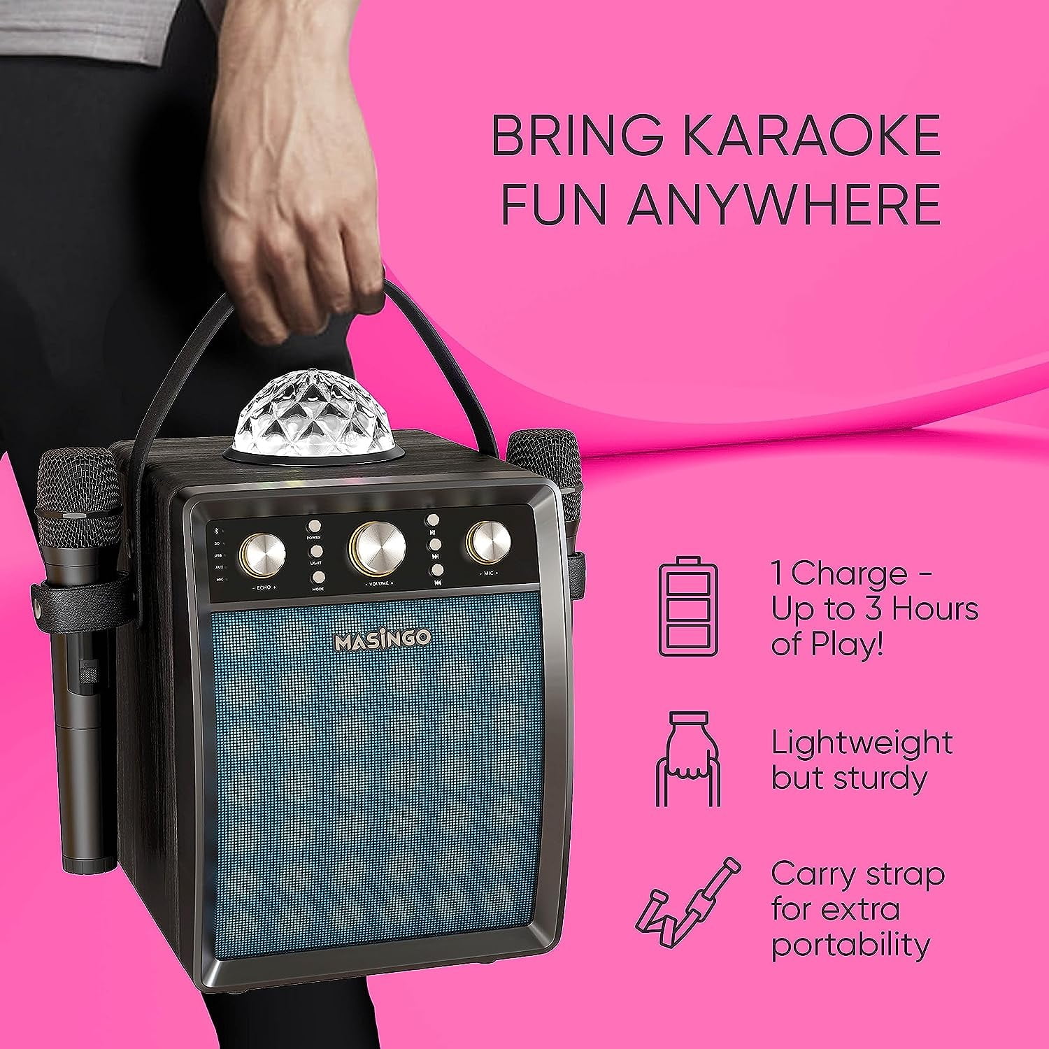 MASINGO Karaoke Machine for Adults and Kids with 2 Wireless Microphones, Portable Singing PA Speaker System Set with Disco Ball Party Lights & TV Cable, Ostinato M7