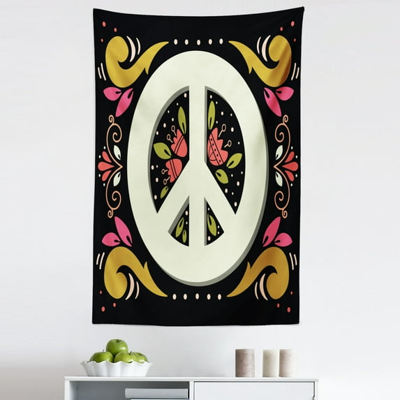Hippie Tapestry, Graphic Peace Sign with Flower Shapes Sixties and Seventies Pacifism or, Fabric Wall Hanging Decor for Bedroom Living Room Dorm, 5 Sizes, Multicolor, by Ambesonne