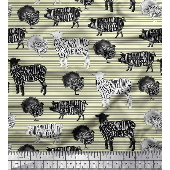 Soimoi Yellow Cotton Jersey Fabric Stencil Cow & Pig Animal Fabric Prints By Yard 58 Inch Wide