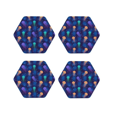 

KLL Drink Coasters Set Hexagon of 4 PU Leather Absorbent Coasters Set Decorative Coffee Cup Coasters Housewarming Gift for Home Decor-Jellyfish colorful