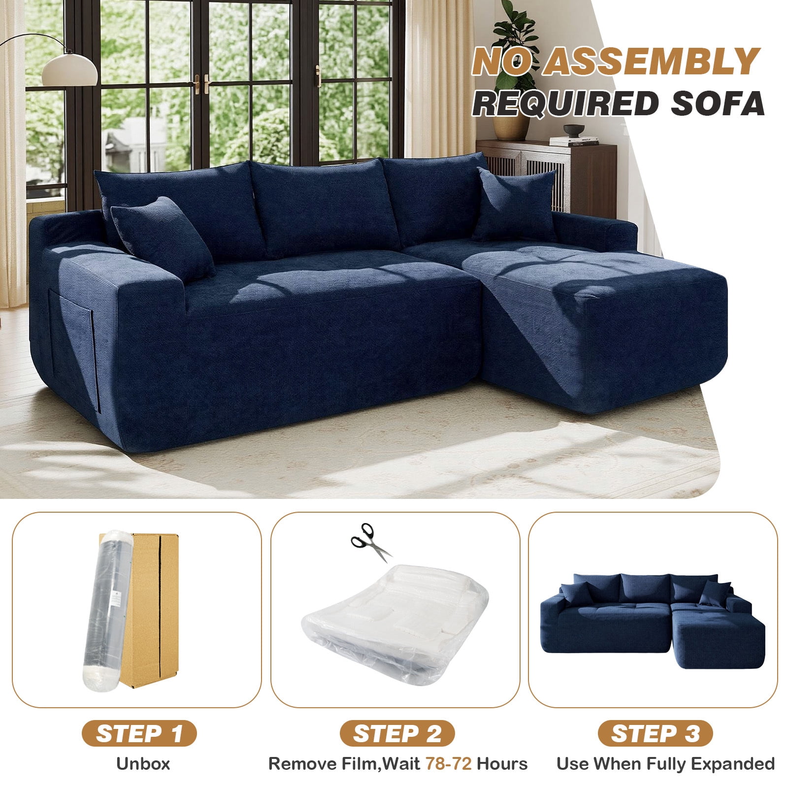 Lunale L-Shaped Modular Sectional Sofa with Right Chaise, No Assembly Required, Boneless Polyester Cloud Couch for Living Room, Blue