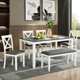 thumbnail image 3 of UHOMEPRO 6 Piece Dining Table Set with Bench and Chairs, Dining Room Set for 6, Rectangular Wooden Dining Table with 4 Upholstered Chairs and Bench, Dining Room Set for Kitchen, White+Gray, 3 of 13