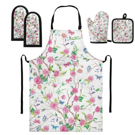 

ZOCAVIA Flower Plant Print Pot Holders and Cooking Apron with Oven Gloves 5 Pack Heat Resistant Kitchen Mitten Gloves and Non-Slip Potholders Adjustable Neck Buckle Chef Apron