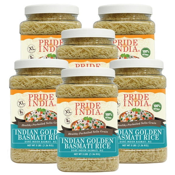 Pride of India Extra Long Indian Golden Basmati Rice, 3 lbs Jar, Pack of 6