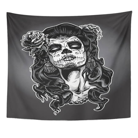 UFAEZU Gray Tattoo Woman With Sugar Skull Face Paint Dead Day Zombie Halloween Sexy Gothic Wall Art Hanging Tapestry Home Decor for Living Room Bedroom Dorm 51x60 inch