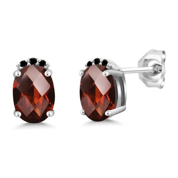 Gem Stone King 925 Sterling Silver Red Garnet and Black Diamond Stud Earrings for Women (2.07 Cttw, Gemstone January Birthstone, Oval Checkerboard 7X5MM)