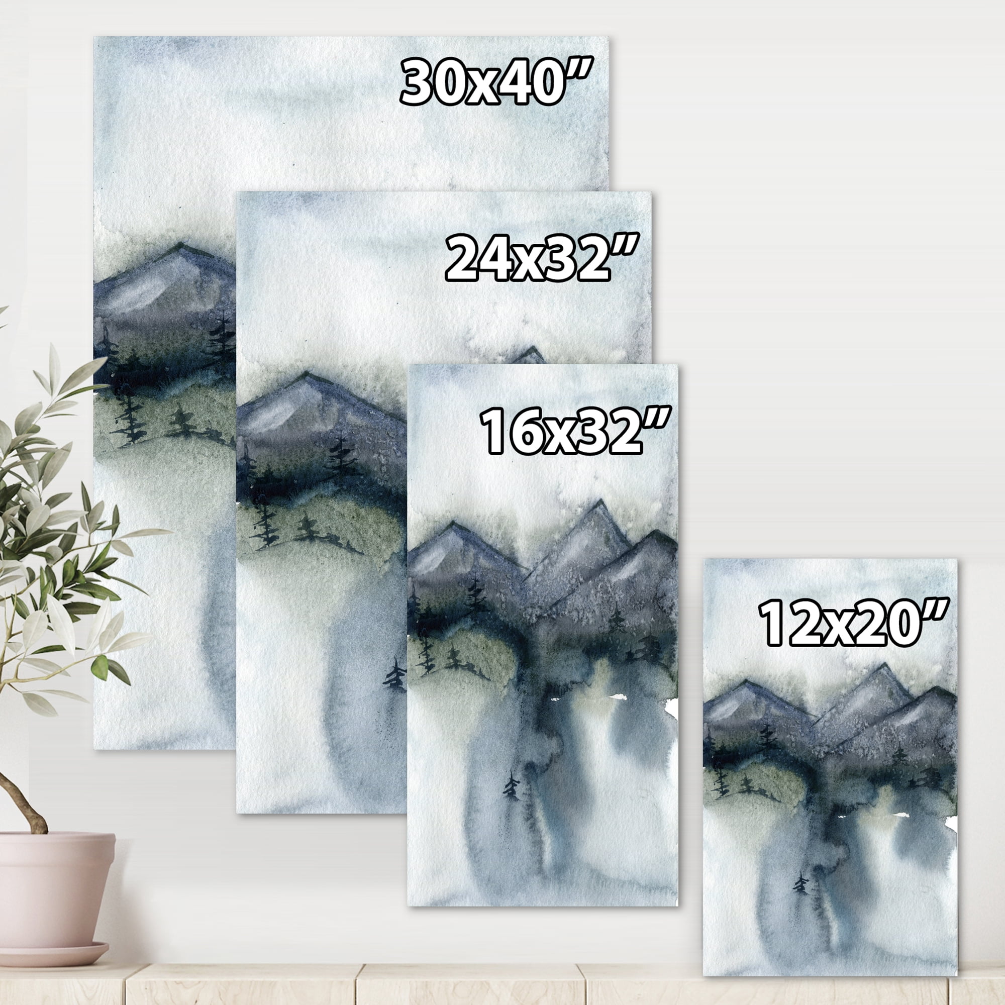 Designart ' Minimalistic Landscape of Mountains Snow and Trees ' Modern Canvas Wall Art Print