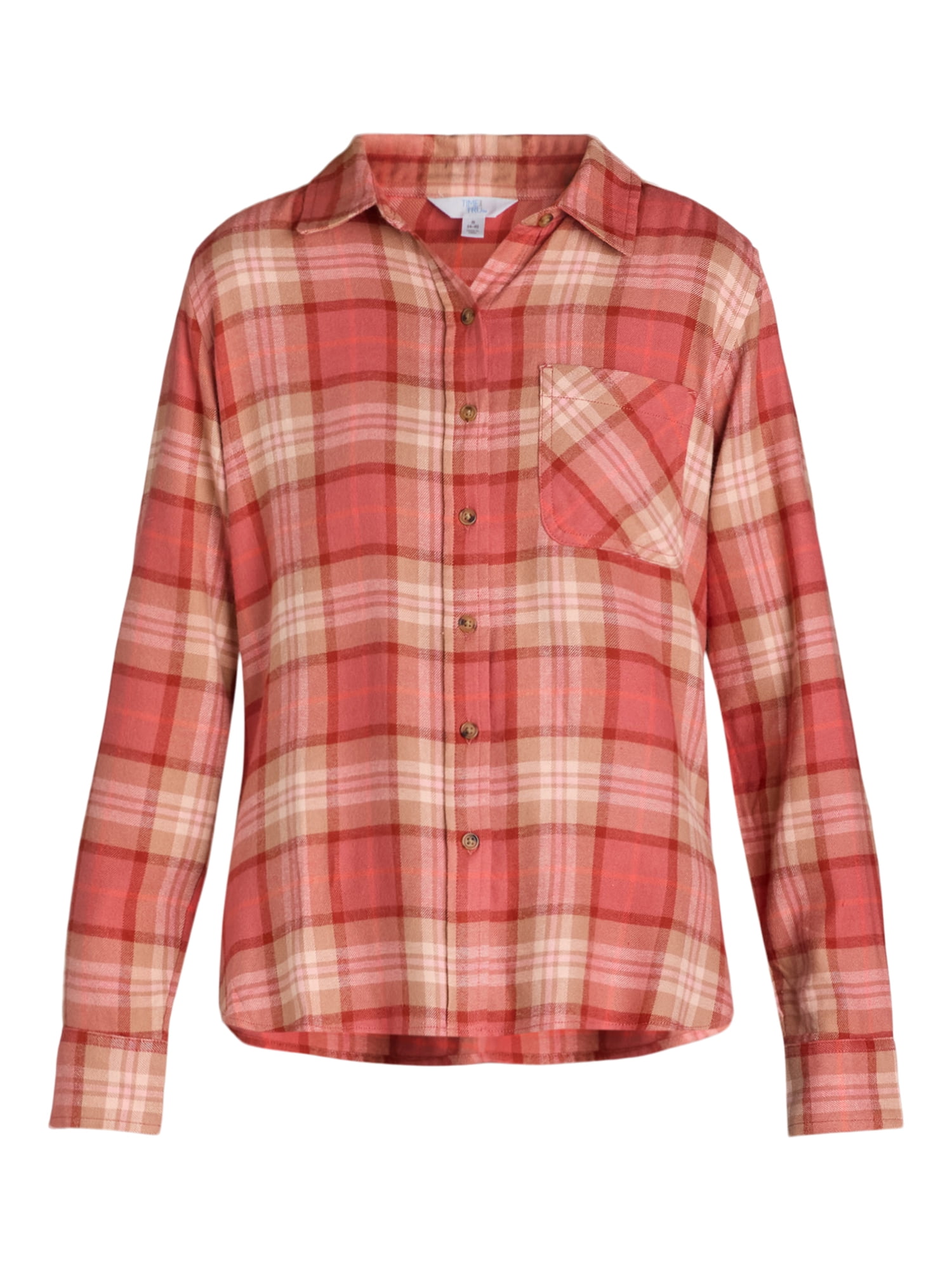 Time and Tru Women's Flannel Shirt with Long Sleeves, Sizes S-XXXL