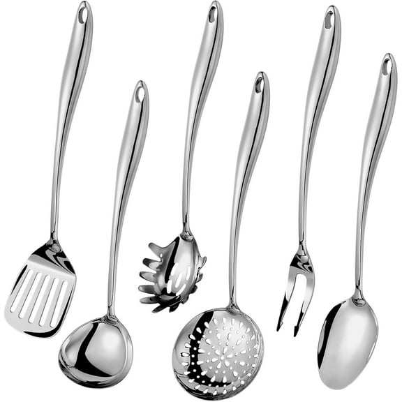 304 Stainless Steel Kitchen Utensils Set, 6 Pcs Long Metal Cooking Utensil with Spatula, Solid Spoon, Ladle, Skimmer, Spaghetti Spoon, Meat Fork, Dishwasher Safe