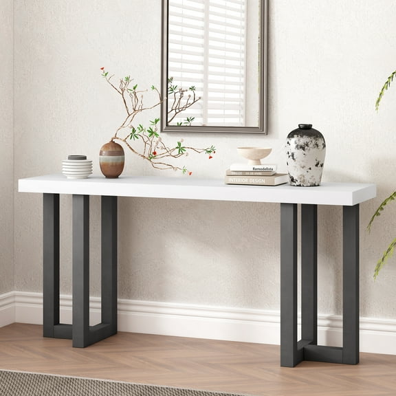 LifeSky 63-inch Geometric Console Table for Entryway Hallway: Display 3  Decor Items in 30 Minutes Assembly - White MDF Top with Solid Pine Legs - Large Sofa Table for Living Room, Bedroom, Corridor