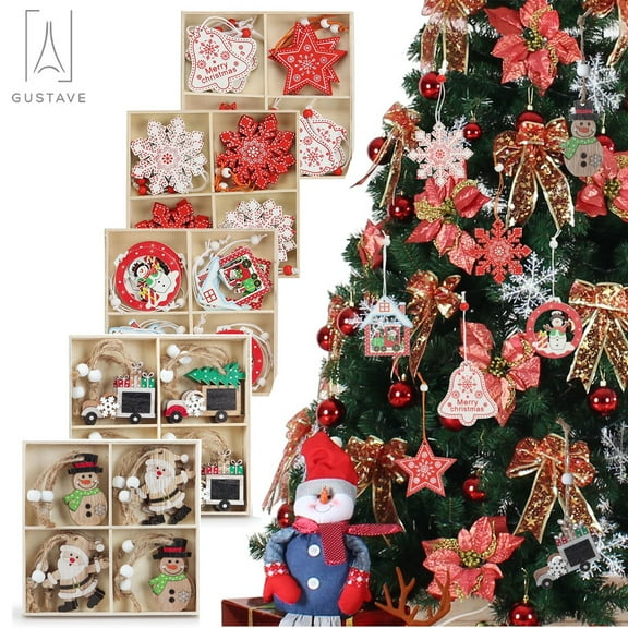 Gustave 36PCS Wooden Christmas Tree Ornaments Set Hanging Pendant Snowman, Snowflake, Star, Bell Decor for Home Holiday Party Xmas Tree Decoration