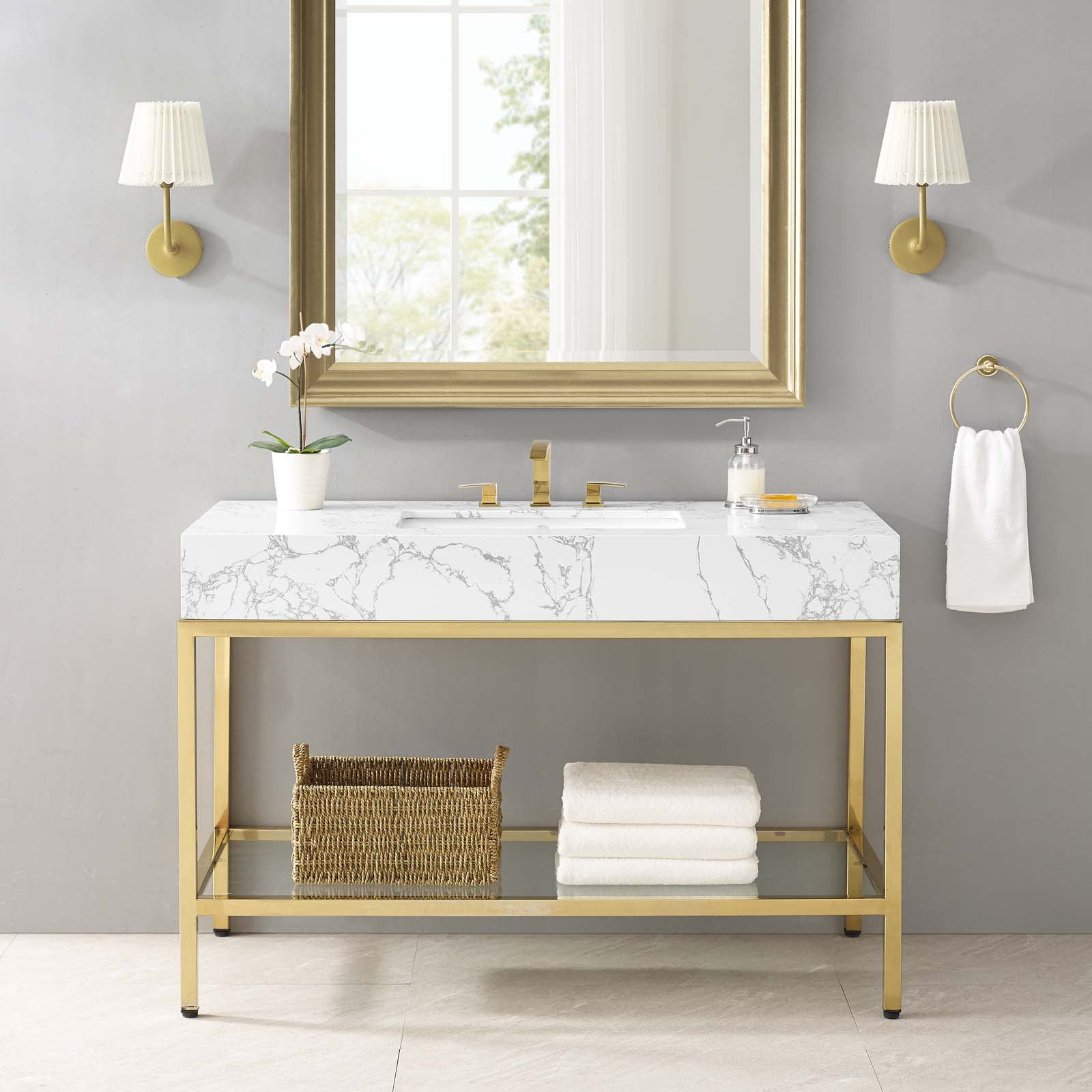 Modway Kingsley 50" Gold Stainless Steel Bathroom Vanity in Gold White