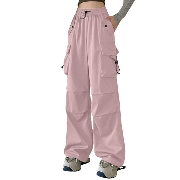 Gibobby Pantalones de trabajo para hombre Pantalones cargo a la moda para mujer, pantalones con cordón y dos prendas, pantalones deportivos drapeados de pierna ancha(Rosa,G)