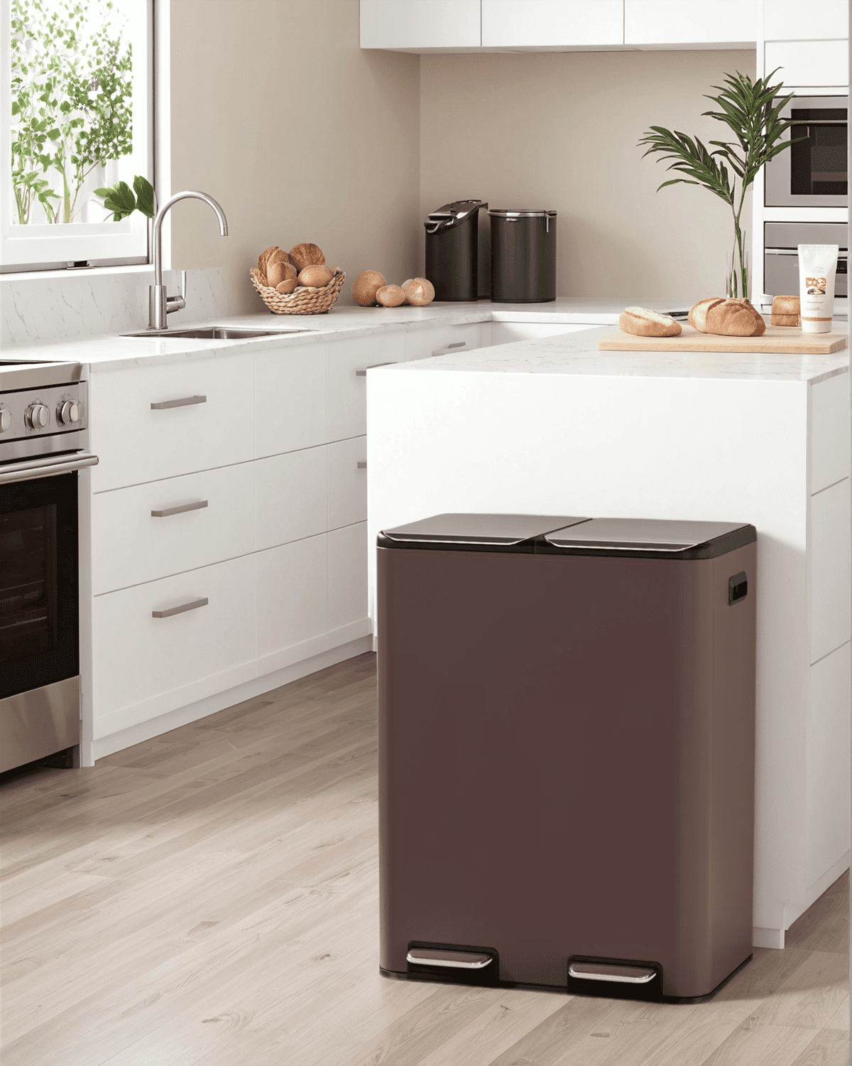 TLSUNNY 16 Gal Dual Compartment Trash Can, Step Pedal Recycling Bin w/ 2 Soft-Close Lids and 2 Odor Control Box, for Kitchen Use