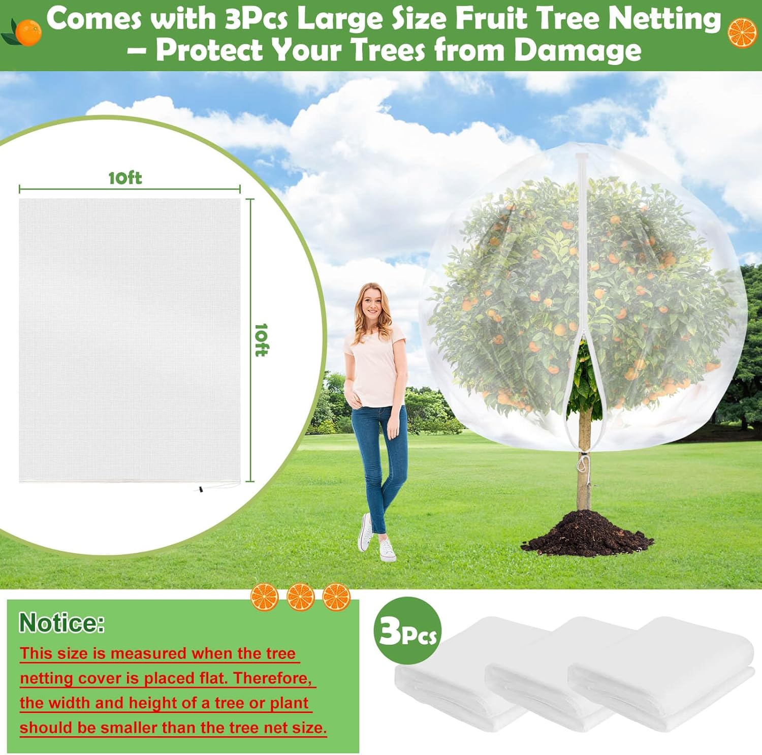 10x10 FT Fruit Trees Netting with Zipper,3Pcs Large Tree Nets for Fruit Trees with Drawstring, Plant Garden Insect Bird Netting Pest Barrier for Spring Peach Apple to Prevent Cicadas Bird