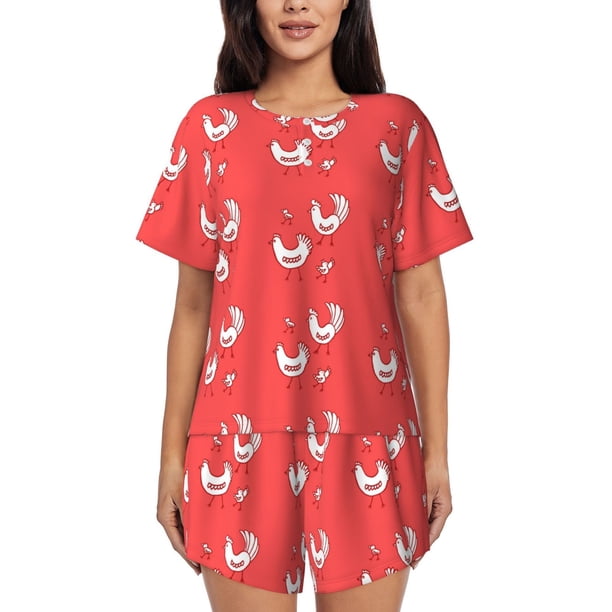 Balery Cartoon Rooster Conjunto de Pijama para Mujer con Estampado, Dos Piezas de Manga Corta y Shorts, Ropa de Dormir Suave con Cuello Redondo y Bolsillos-4X-Large