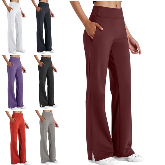 Yoga Pants for Women with Pockets Tummy Control Stright Leg High Elastic Waisted Stretch Split Hem Flare Bottoms Dressy Workout Gym Sports Trousers