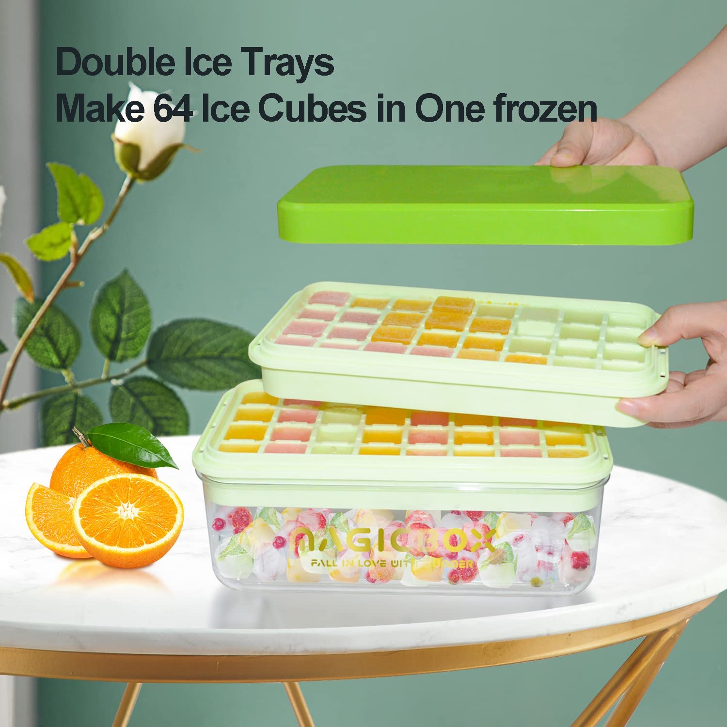 Ice Trays for Freezer with Lid and Bin,Ice Cube Trays for Freezer with 2 Trays,Easy Release 64 Pcs Ice for Chilling Cocktails Whiskey (Green)