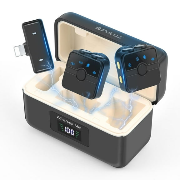 PULUZ Magnetic Lavalier Wireless Microphone with Charging Case Box, 8 Pin RX Receiver and 2 TX