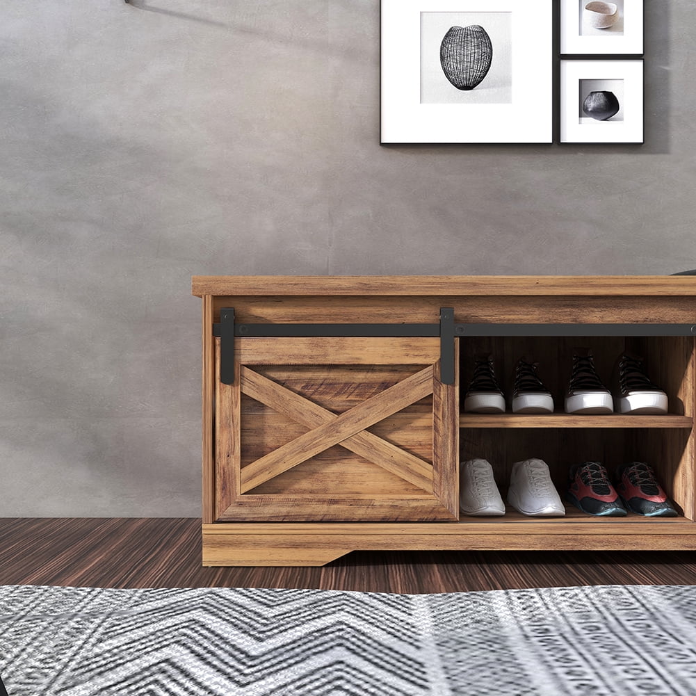 Kadyn 47 Inch Storage Bench, Modern Farmhouse Sliding X Barn Door Litterbox Bench with Entry Cutout and Adjustable Shelves, Shoe Bench for Entryway, Brown Kadyn 47 Inch Storage Bench, Modern Farmhouse Sliding X Barn Door Litterbox Bench with Entry Cutout and Adjustable Shelves, Shoe Bench for Entryway, Brown