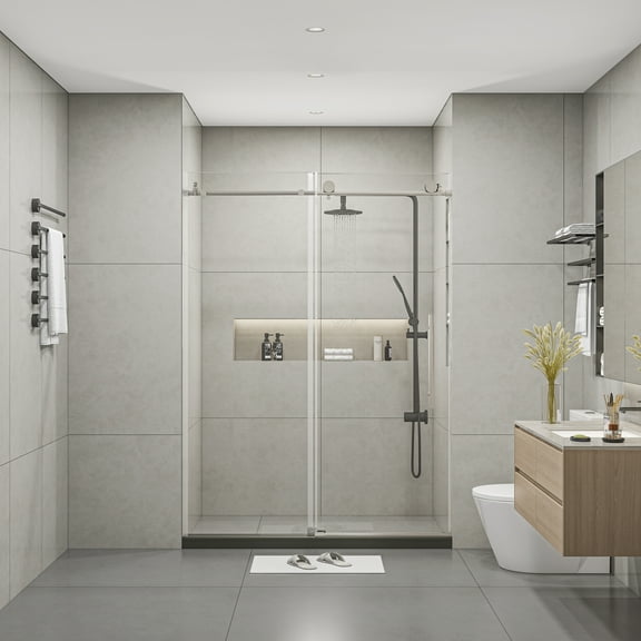 60" W x 76" H Frameless Shower Door, Double Sliding Shower Door, 3/8" (10 mm) Clear Tempered Glass, Stainless Steel Hardware, Glass Shower Door, Designed for Smooth Door Closing