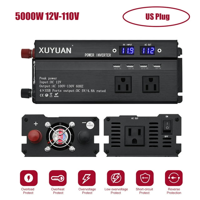 5000W (Theoretical Peak) Modified Sine Wave Power Inverter, DC 12V to AC 110V 60Hz, US Plug, Aluminum Alloy Black Shell with Dual LED Digital Display, 8 Safety Protections, USB/Type-C Ports,