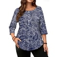 thumbnail image 3 of WellSize 3/4 Sleeve Plus Size Womens Blouses Casual Floral Pleats Tops Summer Crewneck Shirts Tunic Curved Hem Blouses, 3 of 8
