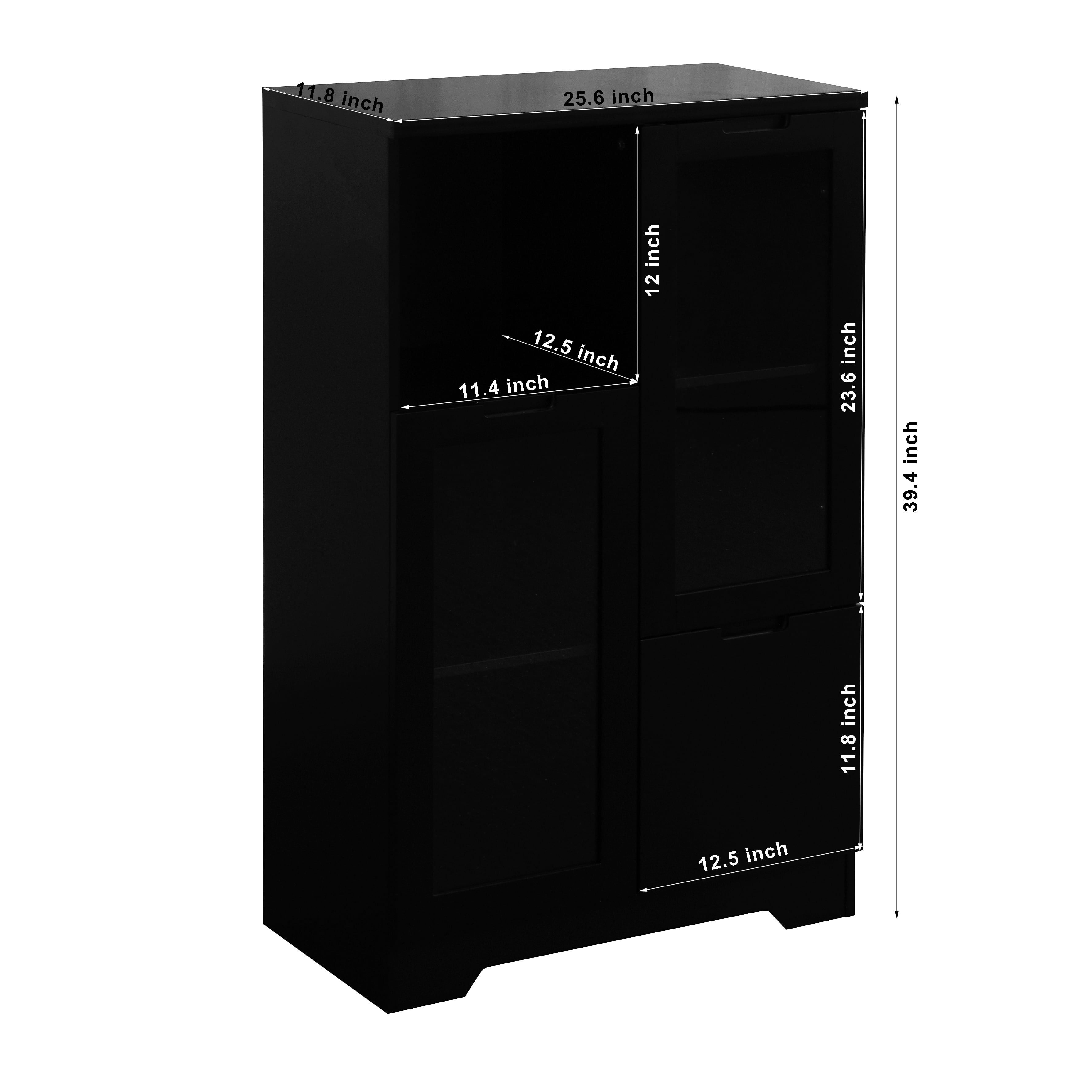 MAYEERTY White MDF Cabinet with Glass Doors & Drawer, Modern Storage Cabinet for Living Room & Bedroom, Black